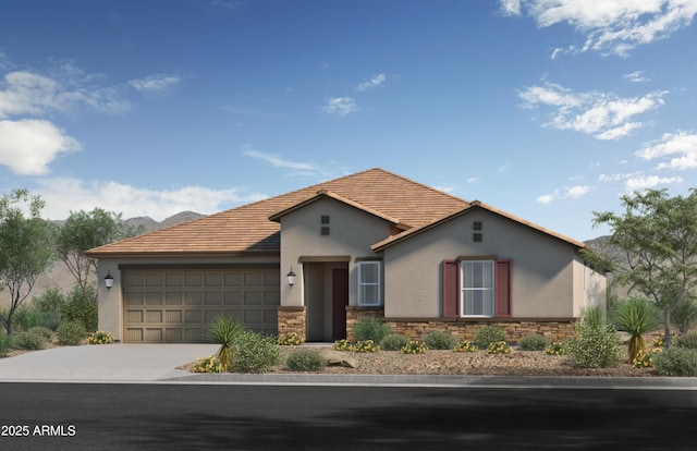 17204 W Blue Sky Dr, Surprise, AZ 85387 - view of front facade with stucco siding, a garage, driveway, and stone siding