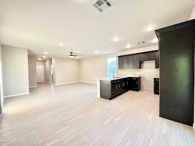 kitchen featuring sink, light wood-type flooring, and ceiling fan