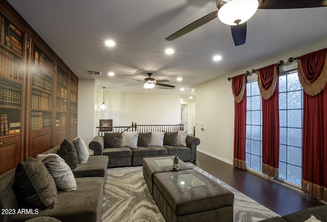 921 E Canyon Way, Chandler, AZ 85249 - living room with a ceiling fan, dark wood-style floors, recessed lighting, and baseboards