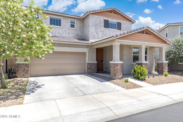 2741 S Gordon, Mesa, AZ 85209 - craftsman-style house featuring stone siding, stucco siding, an attached garage, and concrete driveway