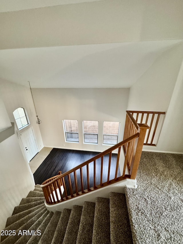 stairway featuring carpet