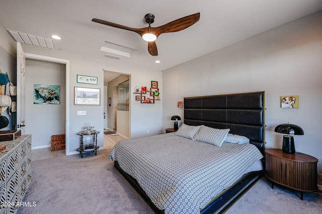 carpeted bedroom featuring ceiling fan