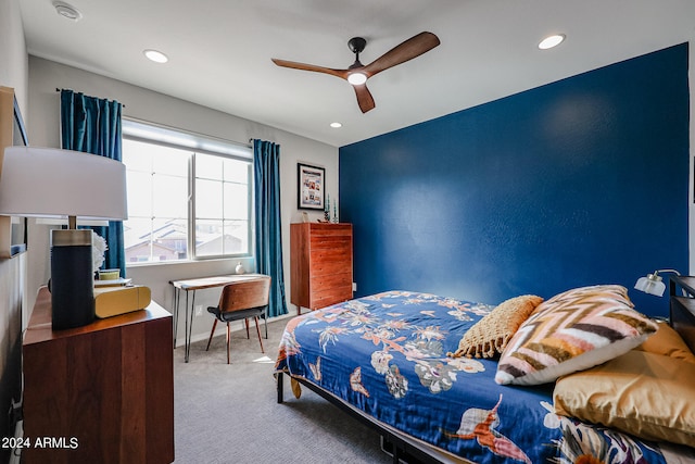 bedroom featuring ceiling fan and carpet flooring