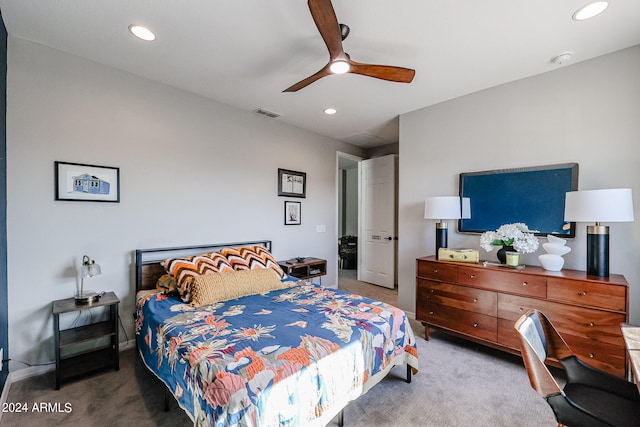 carpeted bedroom with ceiling fan