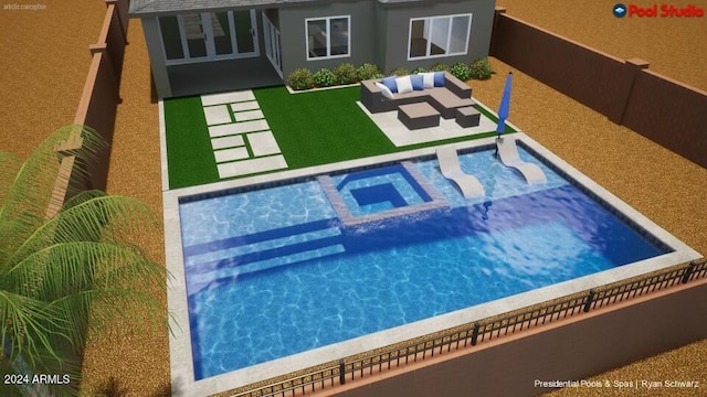 view of swimming pool featuring a yard and a patio area