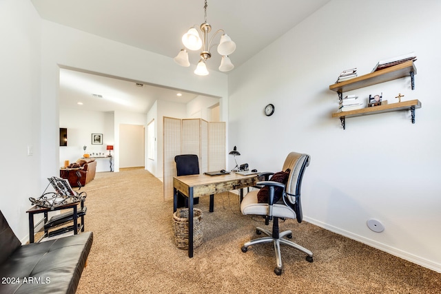 office with a notable chandelier and carpet flooring