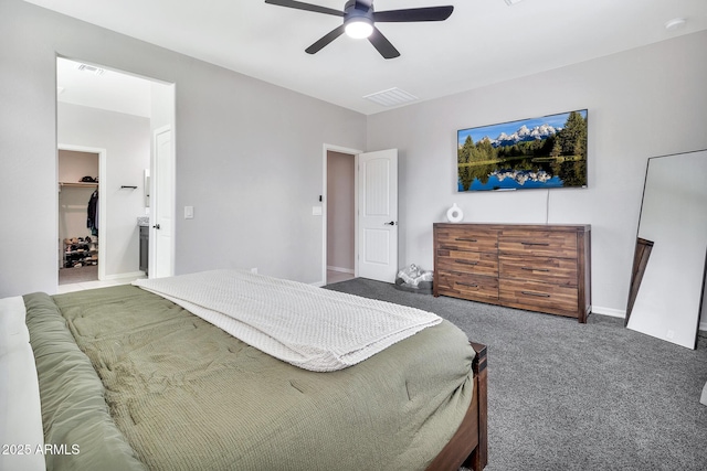 bedroom featuring visible vents, a ceiling fan, baseboards, carpet, and a walk in closet