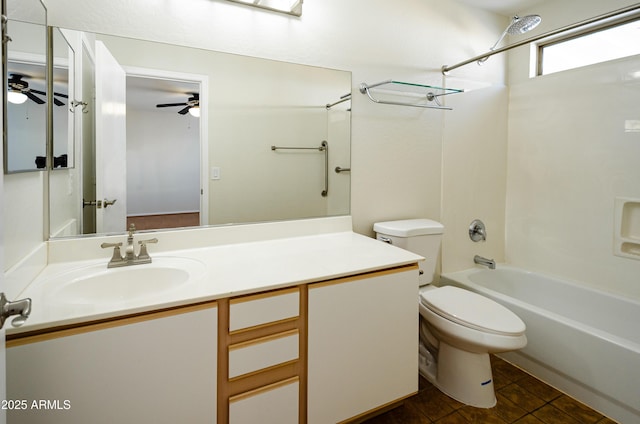 full bathroom with toilet, vanity, ceiling fan, and shower / bathtub combination