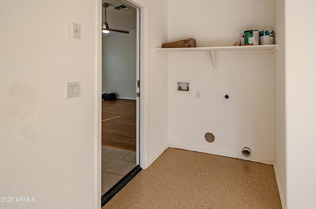 laundry room featuring washer hookup, ceiling fan, and hookup for an electric dryer