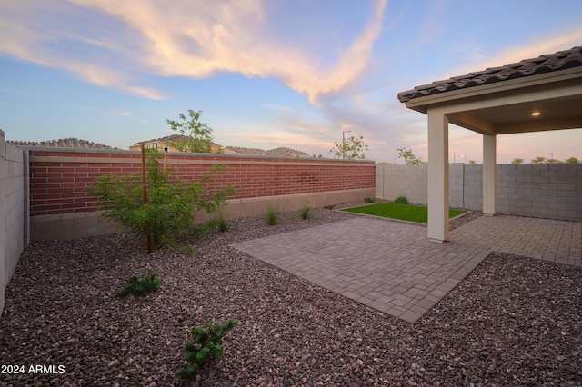 yard at dusk featuring a patio area