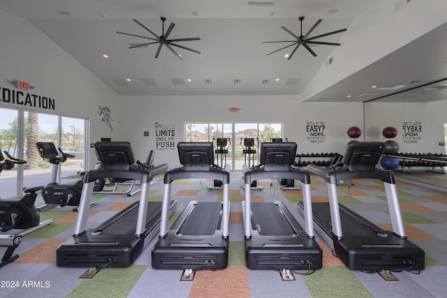 exercise room featuring ceiling fan and high vaulted ceiling