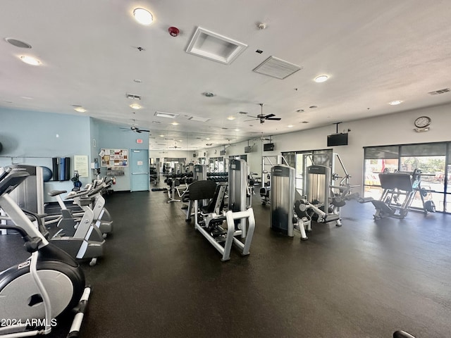 workout area with ceiling fan