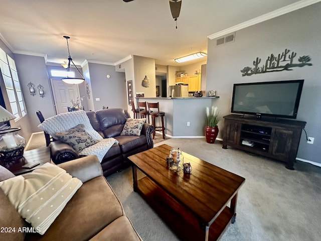 living room featuring carpet and ornamental molding