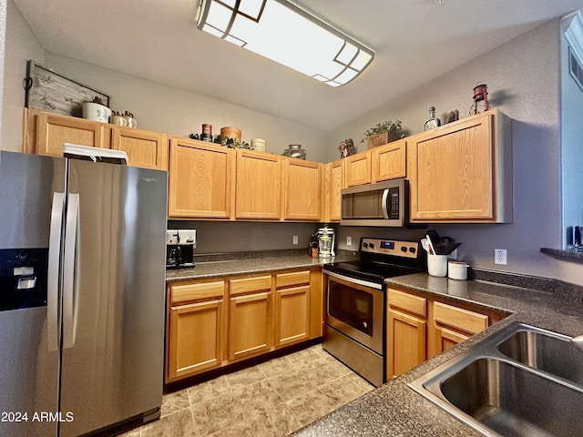 kitchen with sink, lofted ceiling, and appliances with stainless steel finishes