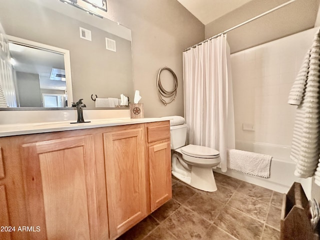 full bathroom with toilet, shower / tub combo with curtain, vanity, and tile patterned flooring