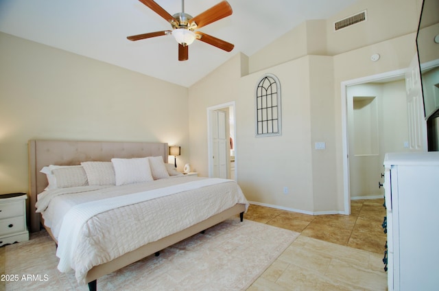 bedroom with vaulted ceiling, a ceiling fan, visible vents, and baseboards