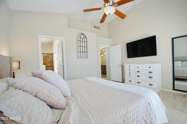 bedroom featuring high vaulted ceiling, visible vents, and a ceiling fan