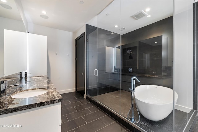 full bath featuring visible vents, a soaking tub, tile patterned flooring, vanity, and a shower stall