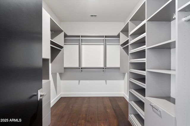 spacious closet featuring visible vents and dark wood finished floors