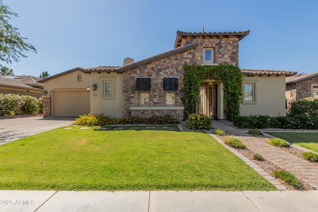 5226 S Fairchild Ln, Chandler, AZ 85249 - mediterranean / spanish-style home with stucco siding, a chimney, a front lawn, decorative driveway, and a garage
