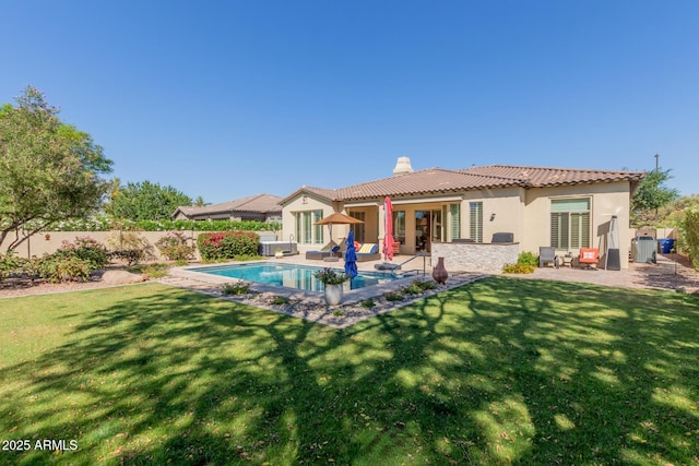 5226 S Fairchild Ln, Chandler, AZ 85249 - rear view of property featuring stucco siding, a chimney, a patio area, and a tile roof