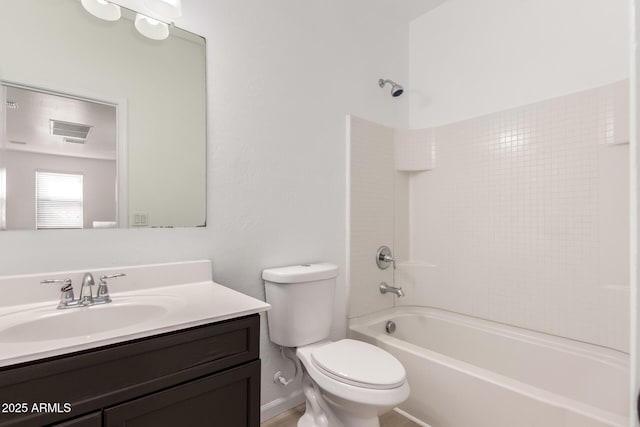 full bathroom featuring toilet, washtub / shower combination, visible vents, and vanity