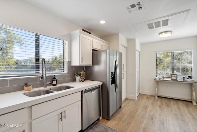 kitchen featuring sink, tasteful backsplash, light hardwood / wood-style flooring, stainless steel appliances, and white cabinets