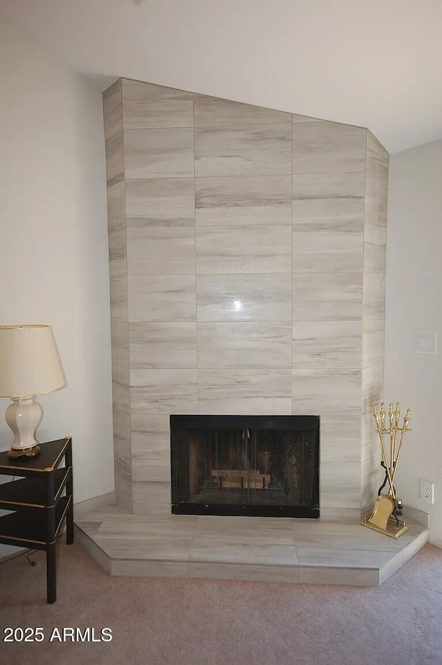 room details featuring a premium fireplace and carpet floors