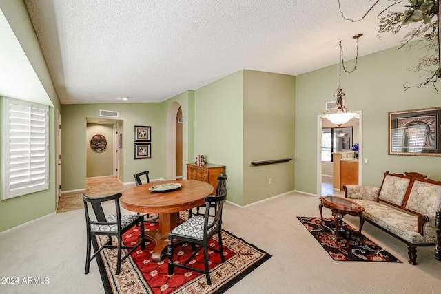 dining room with light colored carpet, vaulted ceiling, and a textured ceiling