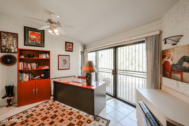 tiled home office with lofted ceiling and ceiling fan