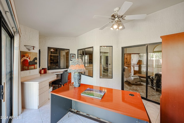 tiled home office with ceiling fan