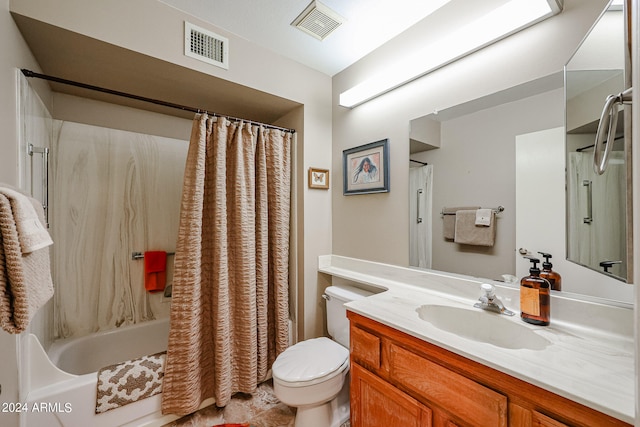 full bathroom featuring toilet, shower / bath combination with curtain, and vanity