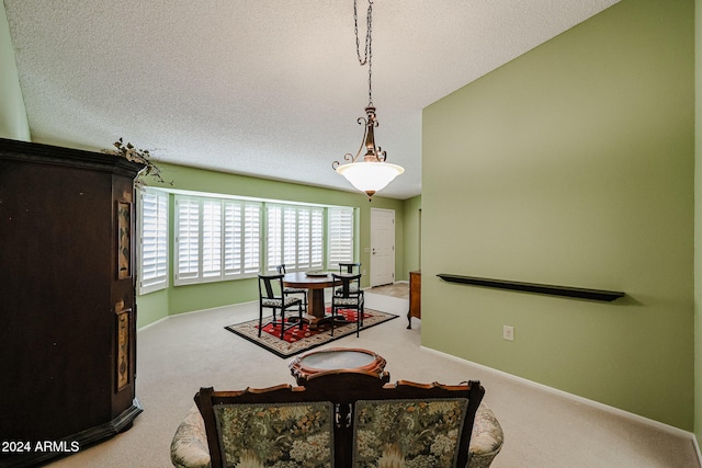 carpeted dining area featuring a textured ceiling