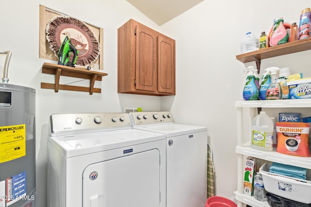 laundry area with separate washer and dryer, cabinet space, and electric water heater