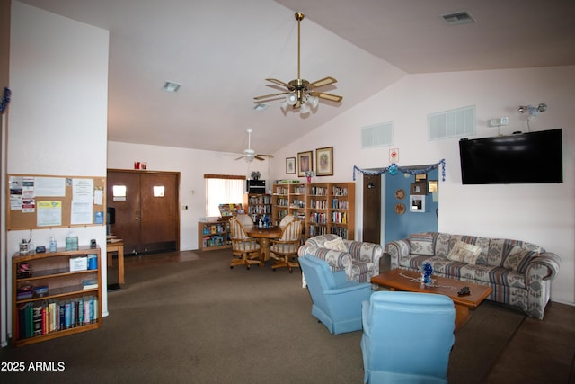 carpeted living area featuring high vaulted ceiling and visible vents