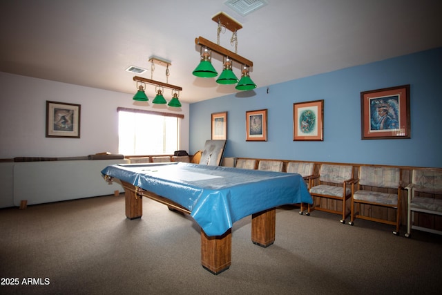 rec room featuring carpet, billiards, and visible vents