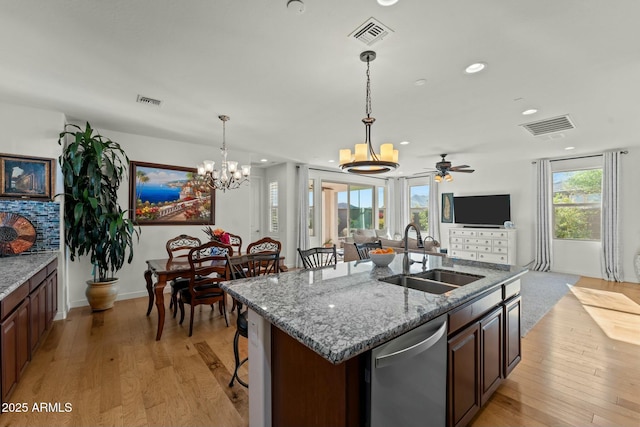 20701 W Minnezona Ave, Buckeye, AZ 85396 - kitchen featuring visible vents, open floor plan, dishwasher, light wood-style flooring, and a sink