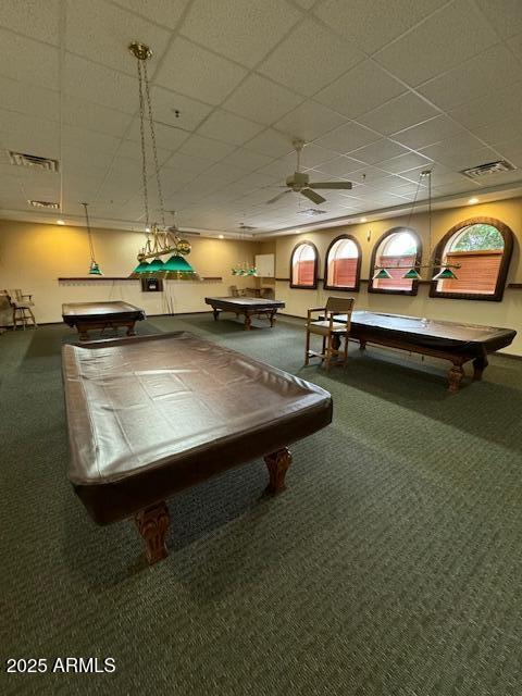 recreation room featuring visible vents, billiards, and carpet