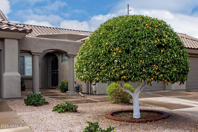 exterior space with a tile roof, a garage, and stucco siding