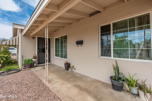 doorway to property with concrete block siding and a patio