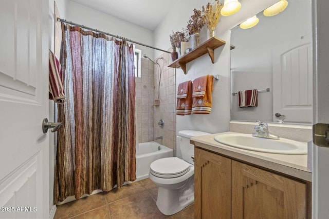 bathroom with toilet, tile patterned flooring, shower / bath combination with curtain, and vanity