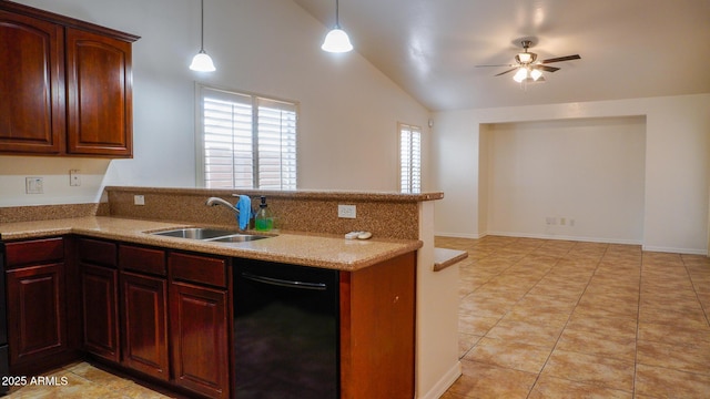 kitchen featuring light tile patterned floors, a peninsula, a sink, a ceiling fan, and vaulted ceiling