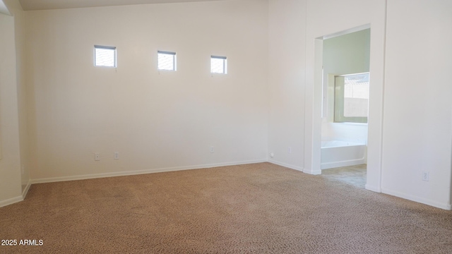 unfurnished room featuring a healthy amount of sunlight, light colored carpet, and baseboards