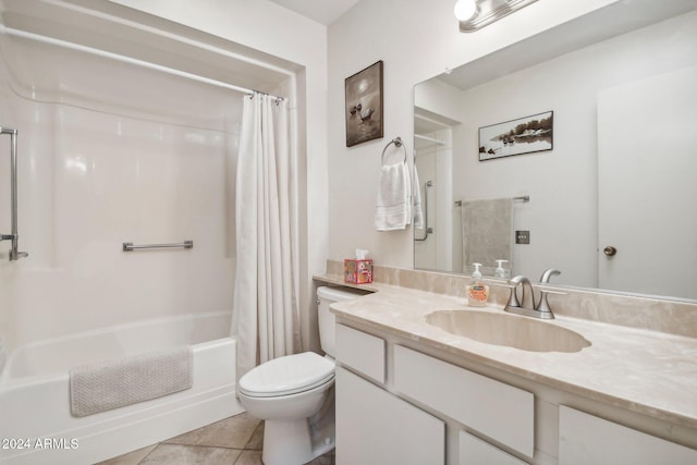 full bathroom featuring tile patterned floors, shower / bath combo, toilet, and vanity