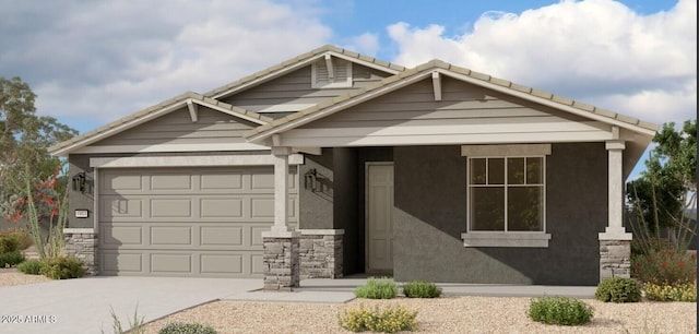 view of front facade featuring stucco siding, driveway, stone siding, a garage, and a tiled roof