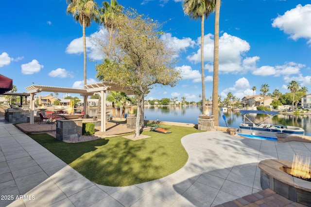 1241 W Lobster Trap Dr, Gilbert, AZ 85233 - surrounding community with a water view, a patio, a dock, a pergola, and an outdoor fire pit