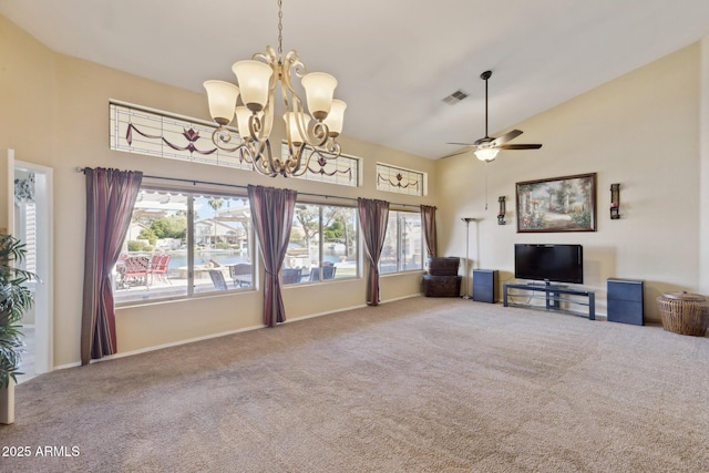 1241 W Lobster Trap Dr, Gilbert, AZ 85233 - carpeted living room featuring a high ceiling, a chandelier, and a ceiling fan