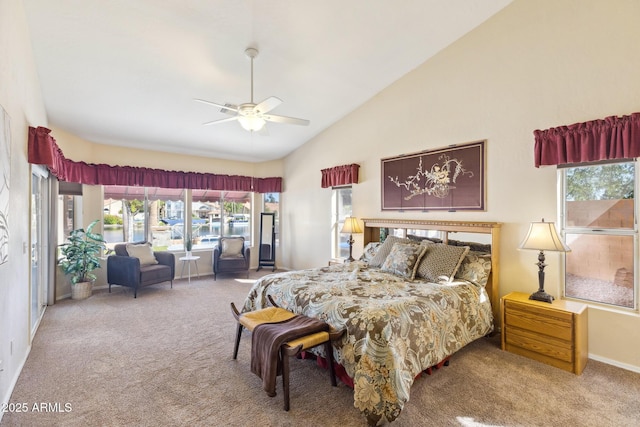 1241 W Lobster Trap Dr, Gilbert, AZ 85233 - bedroom featuring carpet, multiple windows, ceiling fan, and high vaulted ceiling