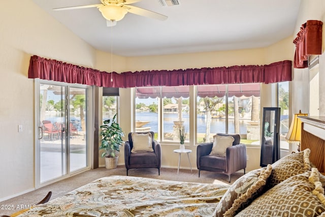 1241 W Lobster Trap Dr, Gilbert, AZ 85233 - bedroom with access to exterior, carpet, a water view, ceiling fan, and vaulted ceiling