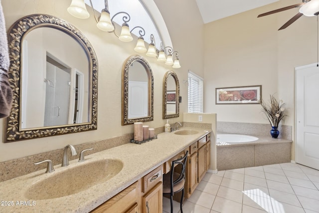 1241 W Lobster Trap Dr, Gilbert, AZ 85233 - full bathroom with ceiling fan, a bath, tile patterned flooring, double vanity, and lofted ceiling